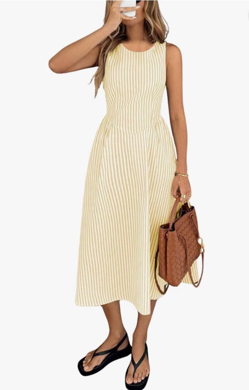 Striped Pleated Dress Drop Waist Flared Swing Midi Long Tank Sun Dress